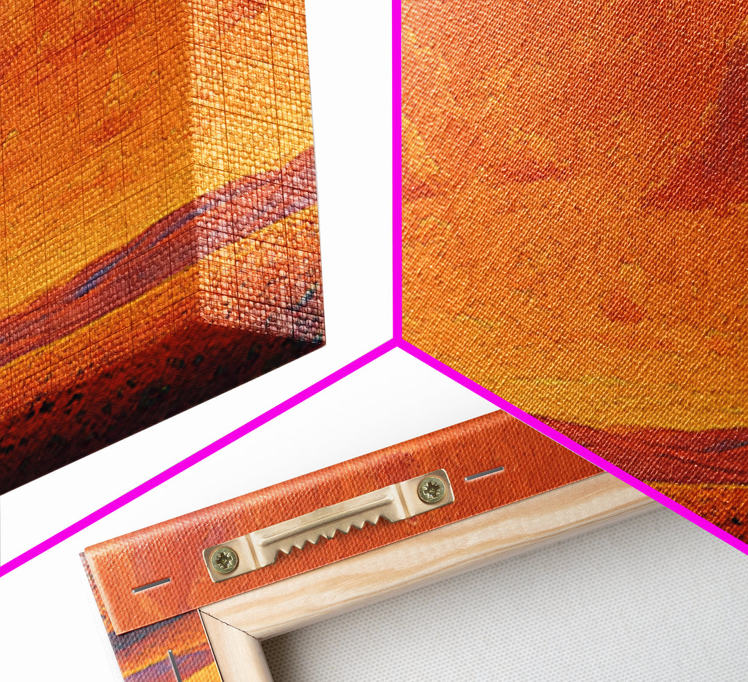Orange Desert Mosque At Sunset Wall Art, Islamic Landscape Print, Panoramic Canvas, Prayer Room Decor, Warm Earth Tone Home Decor