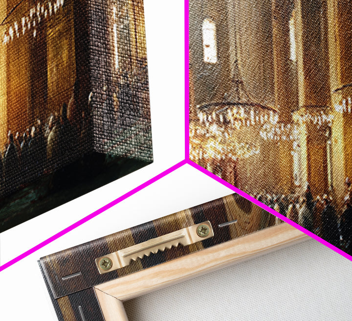 Classic Church Interior Worshipers Praying Under Chandeliers Religious Wall Art Framed Canvas Print