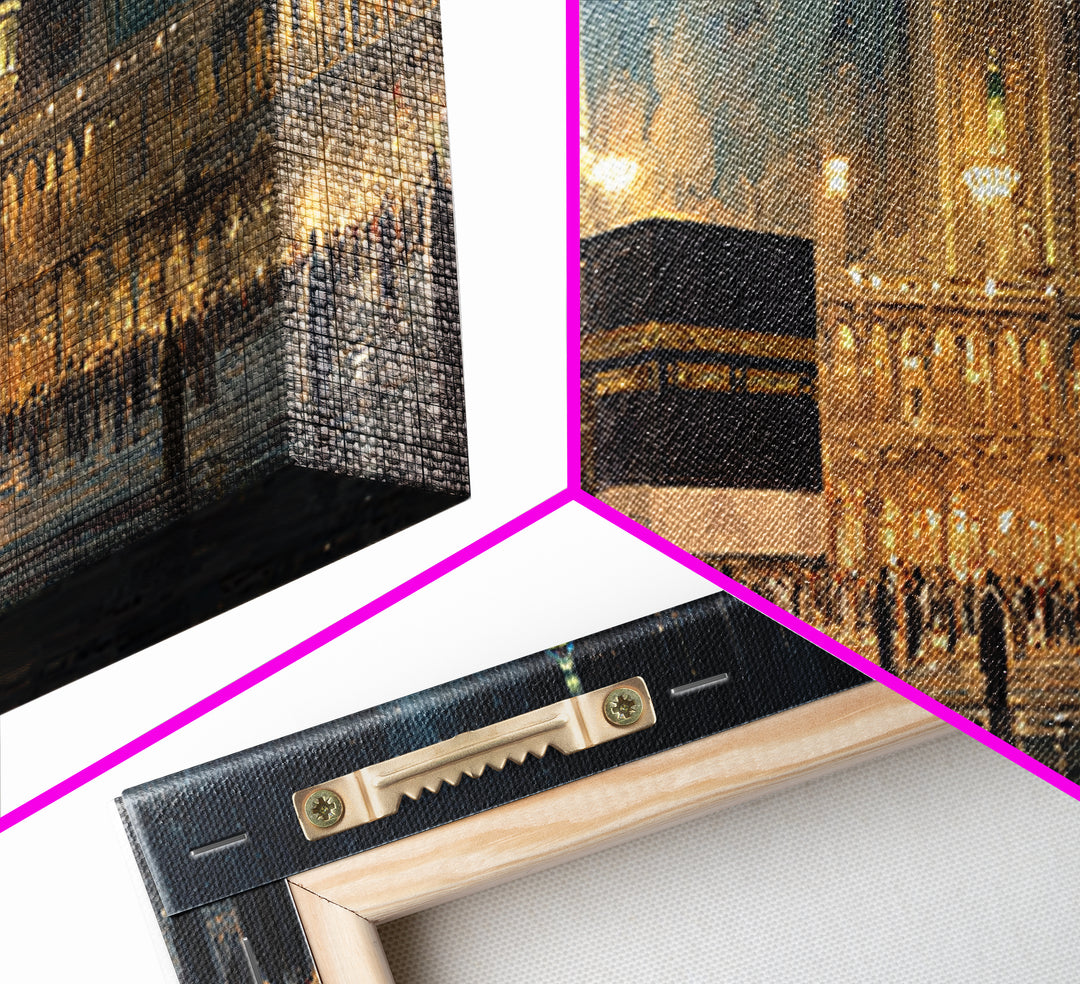 Nighttime Pilgrimage At Sacred Mosque With Glowing Lights And Worshippers Canvas Print