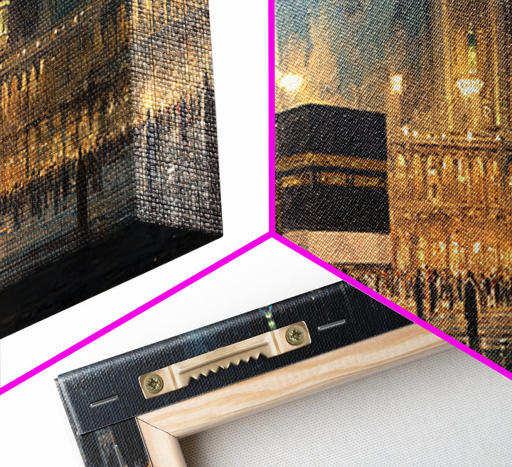 Nighttime Pilgrimage At Sacred Mosque With Glowing Lights And Worshippers Canvas Print