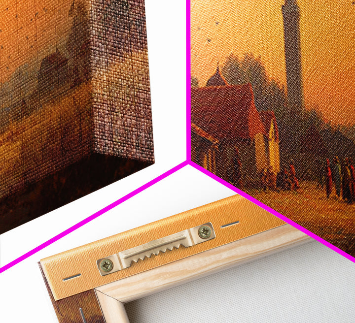 Serene Village Sunset Landscape Painting With Historic Mosque Tower Capturing Peace And Tradition Wall Art