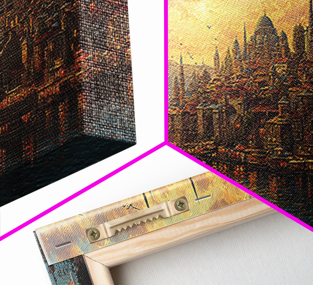 Sunset Over Istanbul Panorama With Historic Sultan Mosque And Boats In Golden Light Wall Art Modern Home Decor