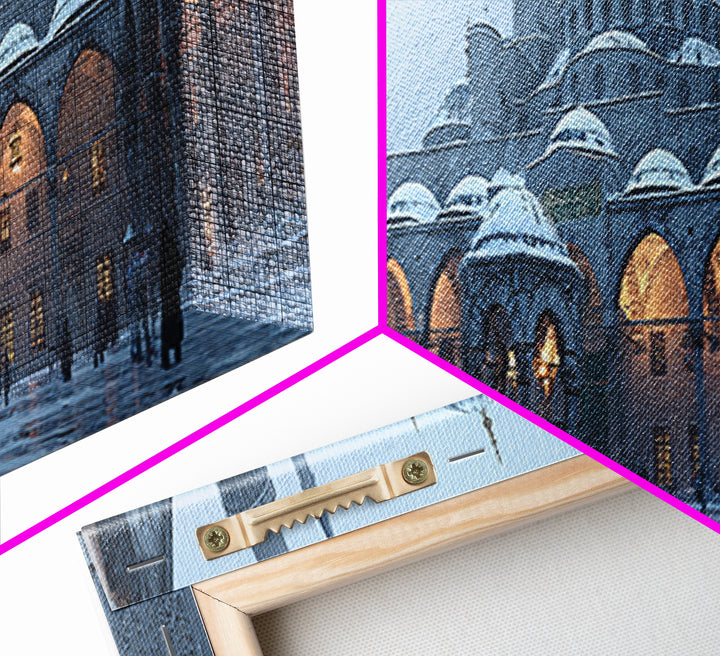 Historic Mosque Courtyard In Snowfall Cityscape Digital Painting Modern Wall Art Canvas Print For Home Decor