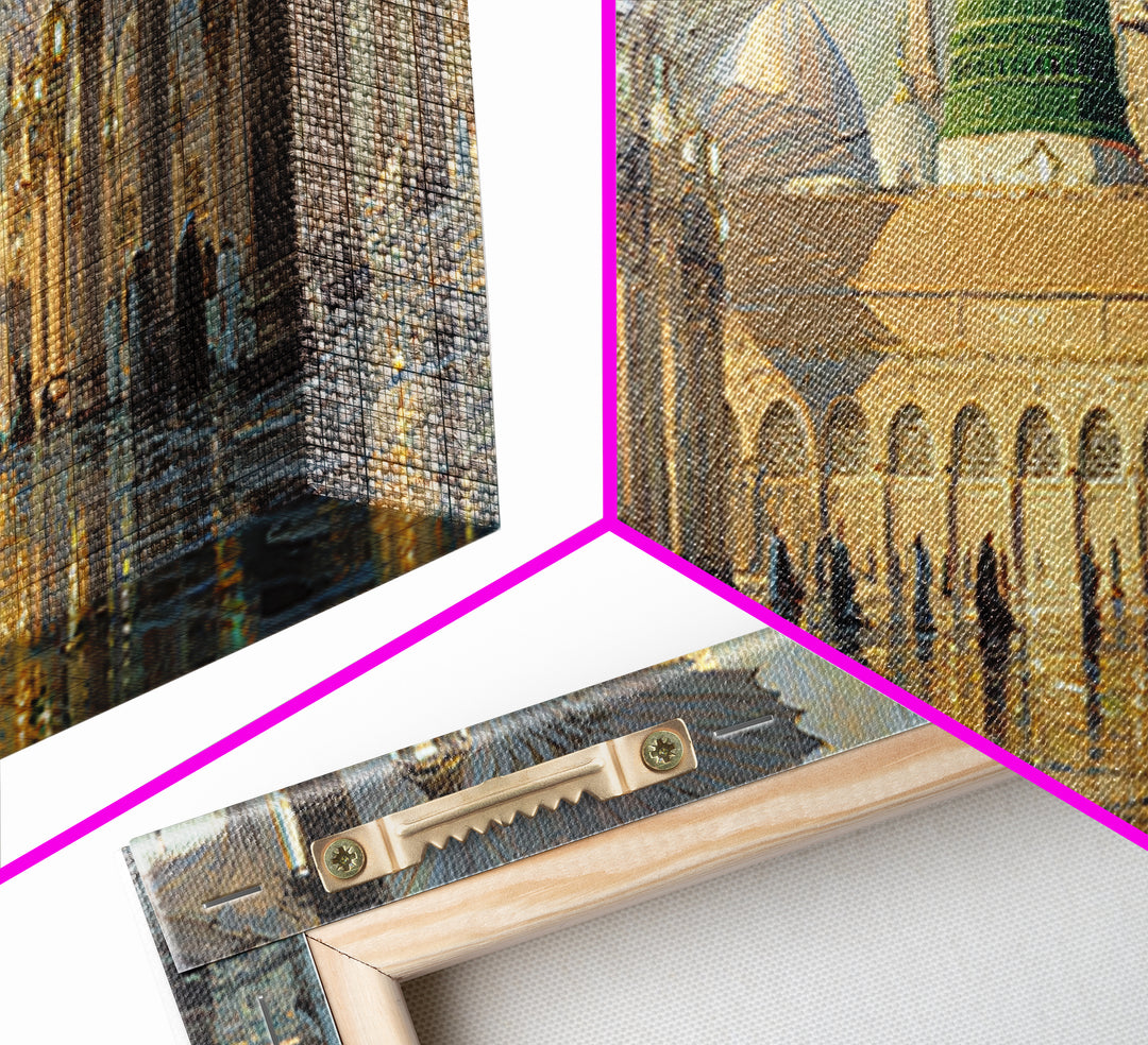 Ornate Mosque Interior With Illuminated Columns And Green Dome Wall Art Canvas Print Featuring Traditional Islamic Architecture And Spiritual Ambiance