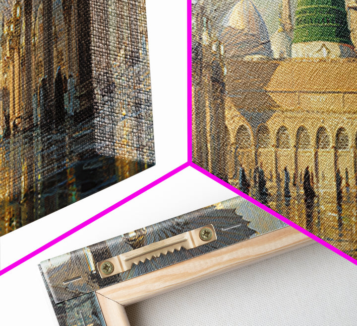 Ornate Mosque Interior With Illuminated Columns And Green Dome Wall Art Canvas Print Featuring Traditional Islamic Architecture And Spiritual Ambiance