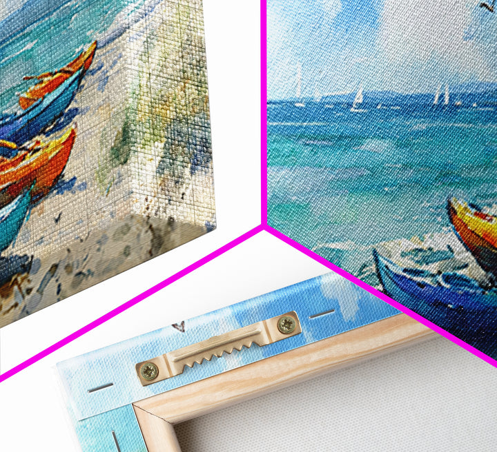 Vibrant Colorful Kayaks On Serene Beach Ocean Scene Beach Wall Art Watercolor Canvas Print