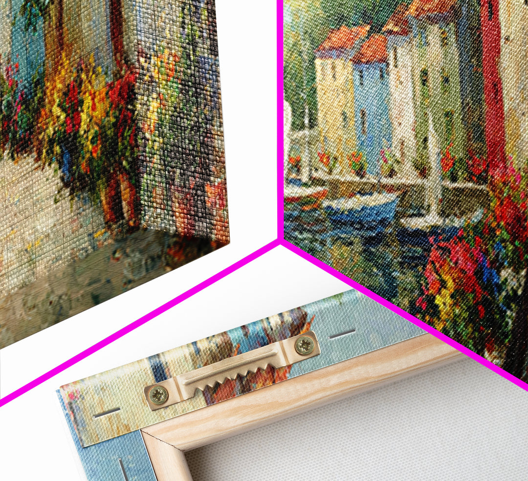 Classic Mediterranean Coastal Village With Colorful Buildings And Boats Oil Painting Canvas Print For Rustic Wall Art