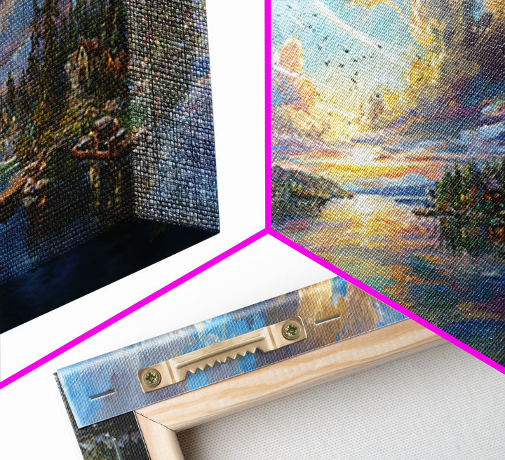 Serene Sunset Landscape Painting Wall Art Framed Canvas Print Vibrant Nature Scene With Lake And Mountains Home Decor