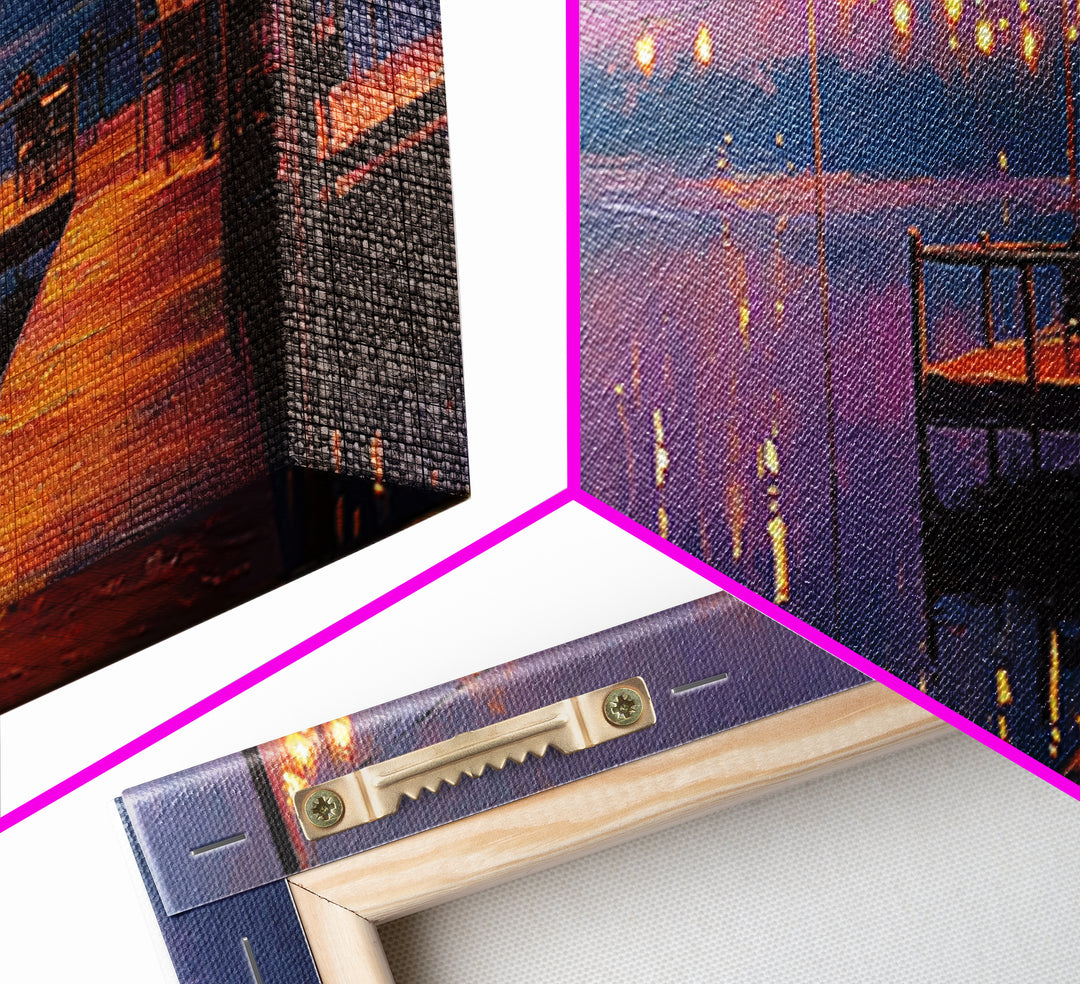 Cozy Lakeside Evening With Warm Lights Over Water - Serene Landscape Wall Art Framed Canvas Print For Relaxing Home Decor