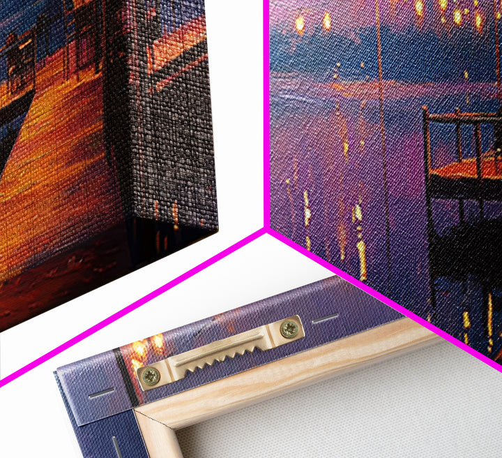 Cozy Lakeside Evening With Warm Lights Over Water - Serene Landscape Wall Art Framed Canvas Print For Relaxing Home Decor