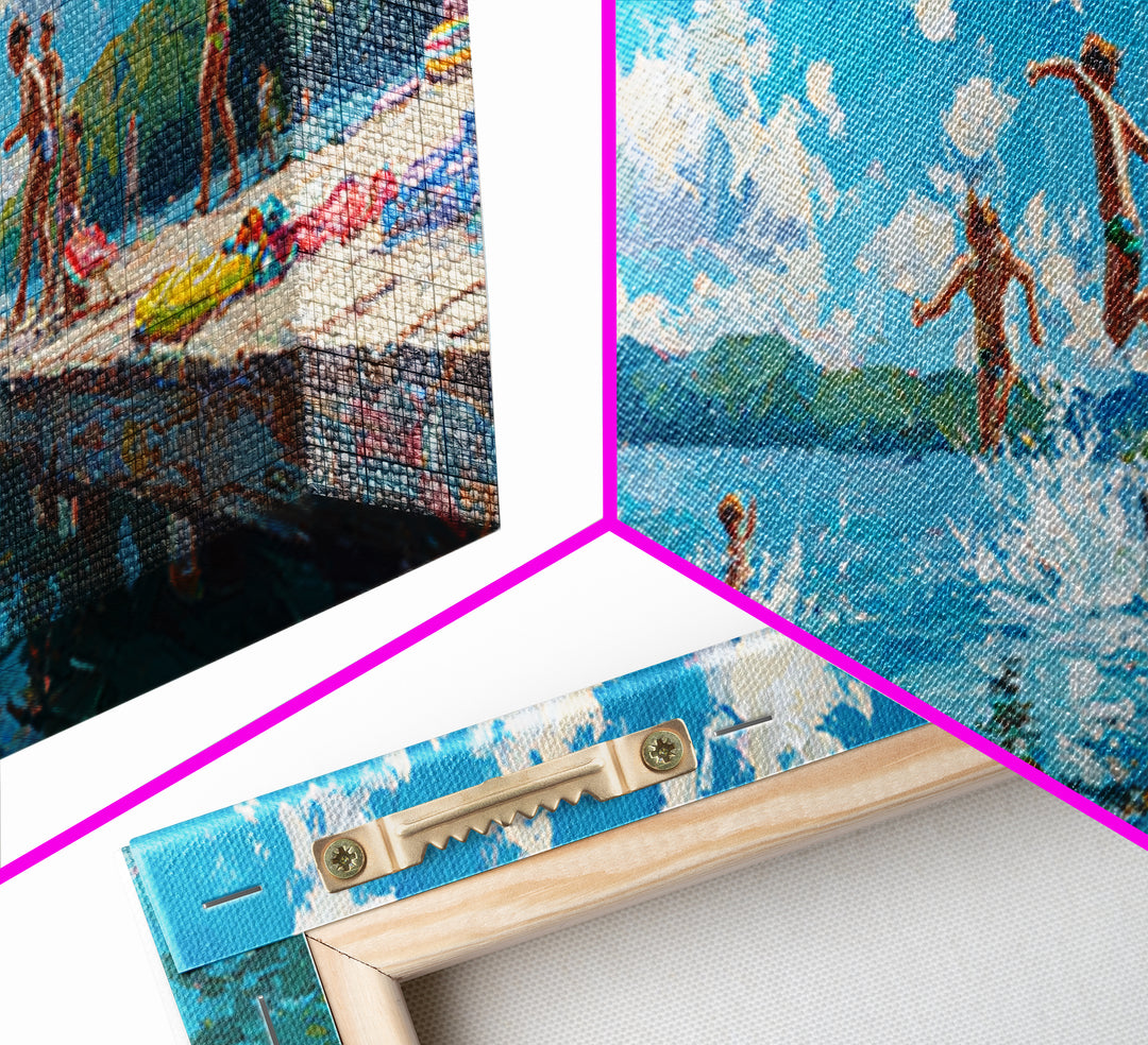 Energetic Summer Kids Jumping Into Lake Water From Dock Painting Vibrant Outdoor Scene Wall Art Framed Canvas Print For Playful Decor