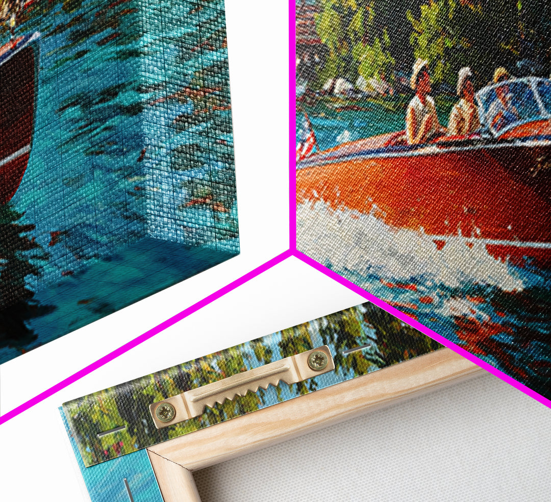 Classic Speedboat On Lake Painting With Bright Red Wood Vessel And Scenic Nature Watercraft Wall Art Print