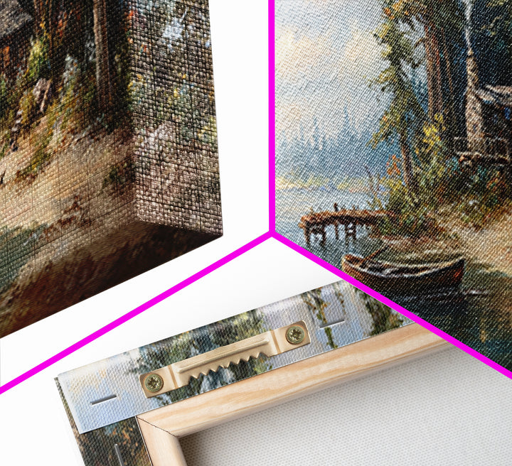 Rustic Cabin By The Lake Painting In A Serene Forest Landscape Wall Art Framed Canvas Print Nature Home Decor