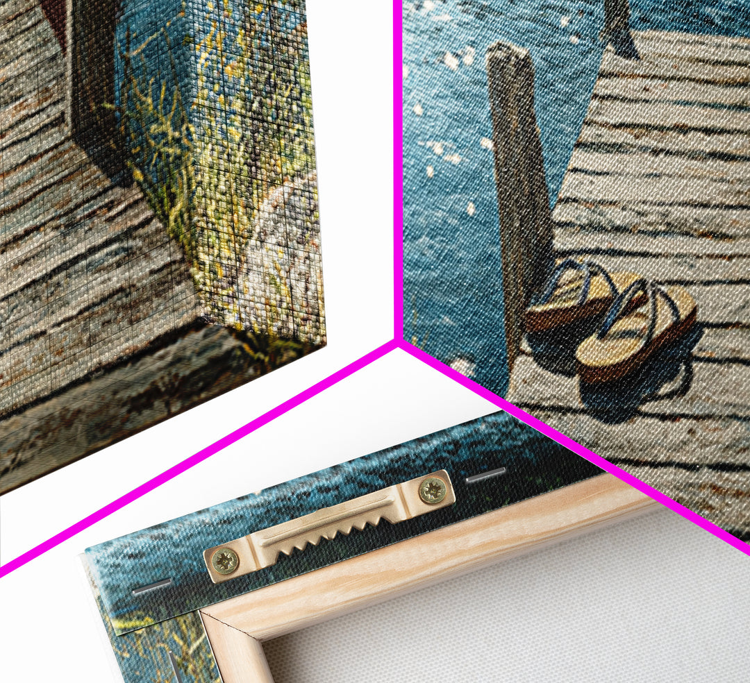 Rustic Lakeside Dock With Flip Flops Oil Painting Wall Art Framed Canvas Print Featuring Serene Water Scene And Cozy Summer Vibes