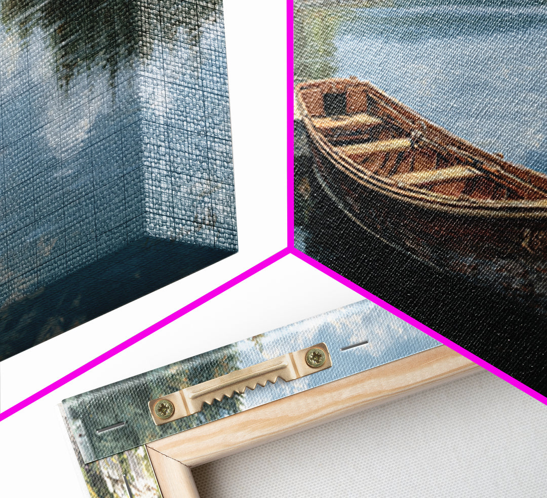 Tranquil Lakeside Rowboat Calm Water Reflection Painting - Serene Nature Wall Art Framed Canvas Print For Rustic Home Decor
