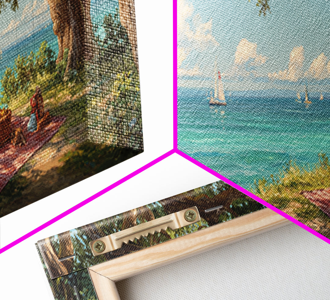 Coastal Picnic Scene With Tranquil Blue Ocean And Sailboats Under Trees - Serene Wall Art Framed Canvas Print For Home Decor