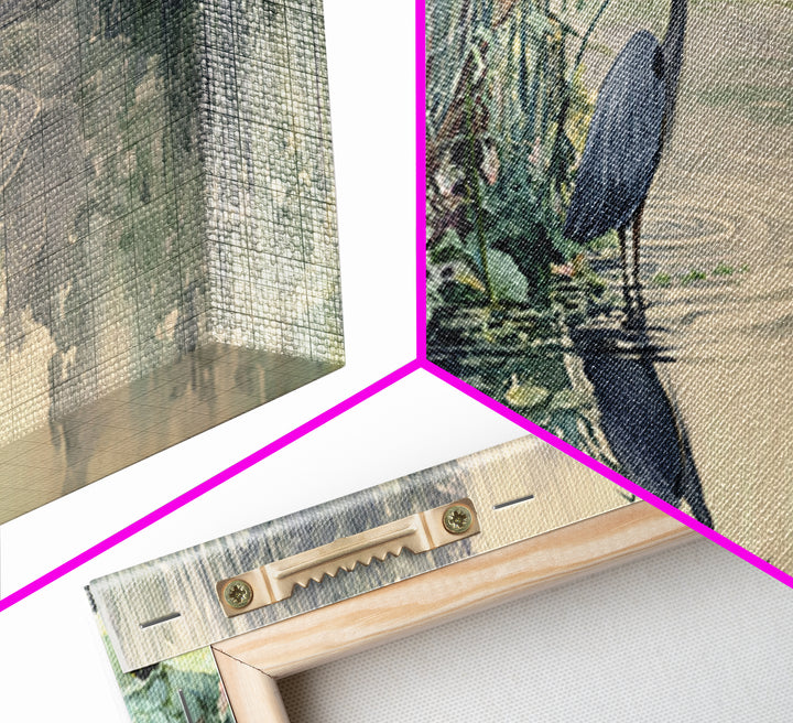 Serene Watercolor Painting Of Heron Standing In Misty Wetlands Surrounded By Lush Vegetation Wall Art
