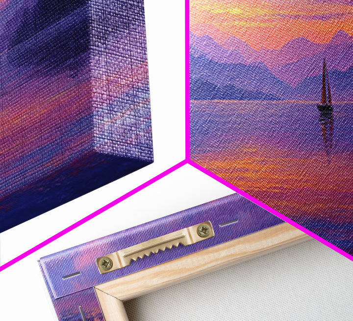Serene Sunset Lake Landscape With Sailboat And Purple Mountains Painting Wall Art Framed Canvas Print For Tranquil Living Room Decor And Nature Lovers