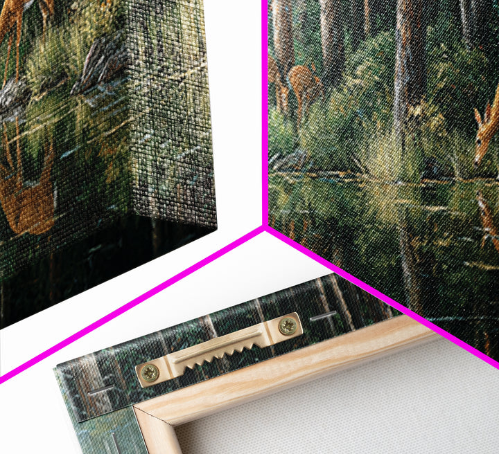 Peaceful Forest Scene With Deer Drinking By The Stream Reflective Nature Wall Art For Living Room Decor Framed Canvas Print