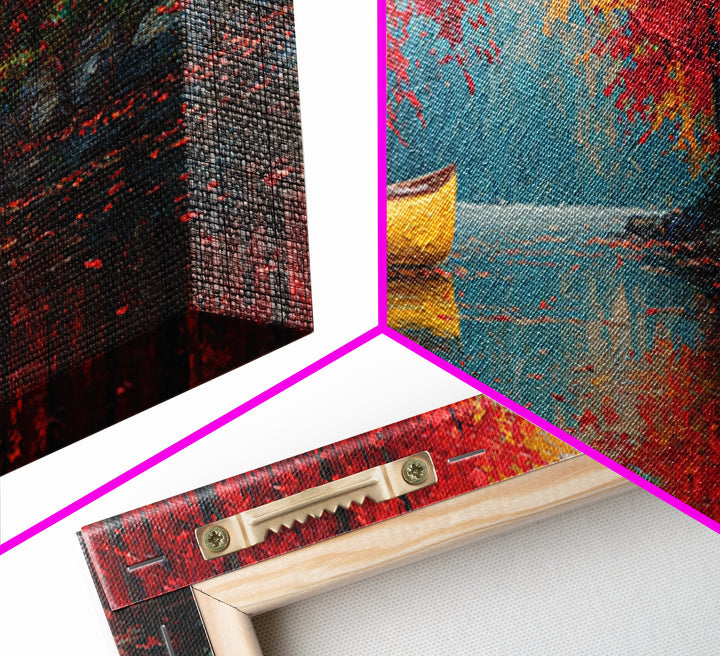 Vibrant Yellow Canoe On Calm Lake With Autumn Red Trees Framed Canvas Print Rustic Fall Wall Art