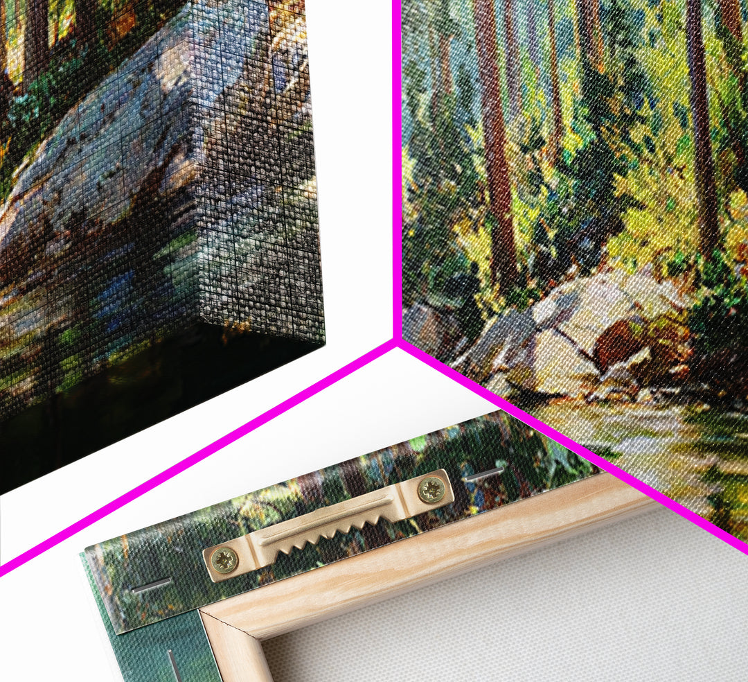 Sunlit Pine Lake Shore Wall Art, Forest Landscape Canvas Print, Nature Wall Decor, Cabin Decor, Large Horizontal Art, Living Room Decor