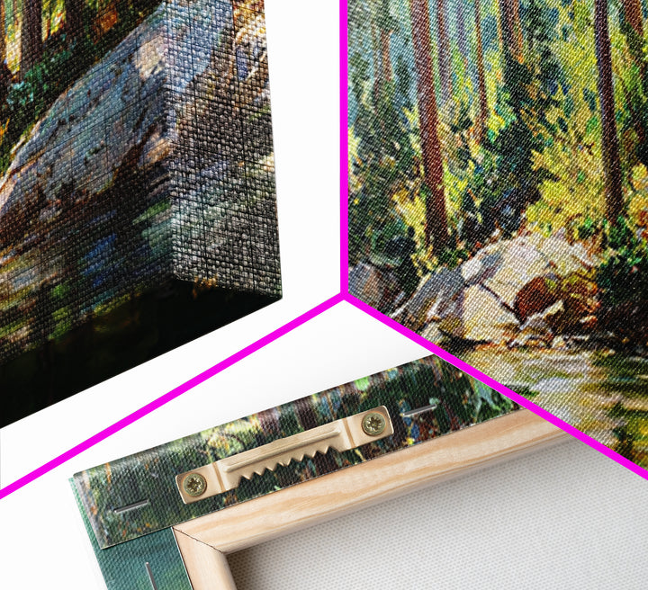 Sunlit Pine Lake Shore Wall Art, Forest Landscape Canvas Print, Nature Wall Decor, Cabin Decor, Large Horizontal Art, Living Room Decor
