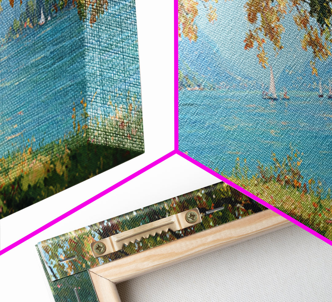 Lakeside Picnic Under Autumn Oak Canvas Print, Coastal Landscape Wall Art, Serene Nature Decor, Living Room Art, Housewarming Gift