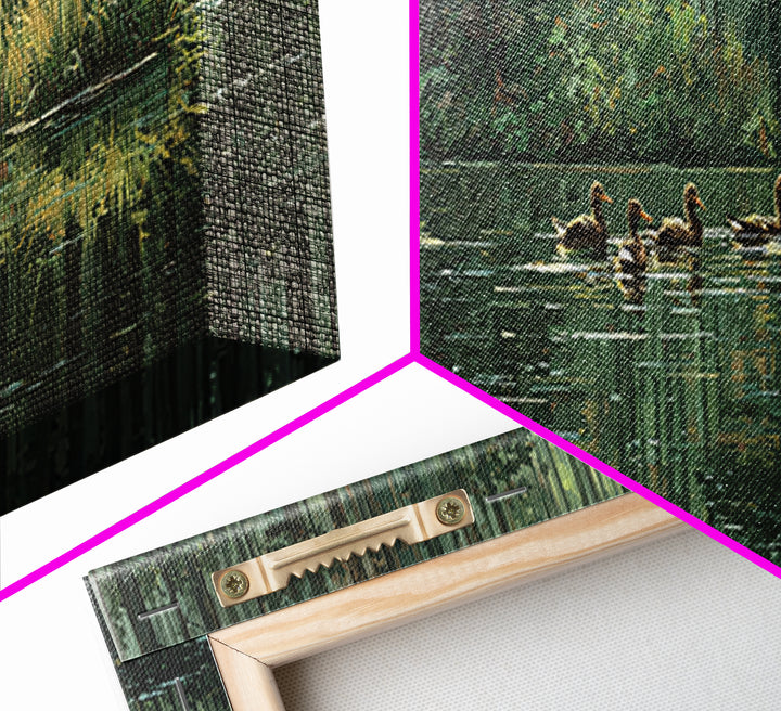 Quiet Forest Pond With Ducks Framed Canvas Print, Nature Wall Art, Rustic Cabin Decor, Green Landscape For Living Room Decor