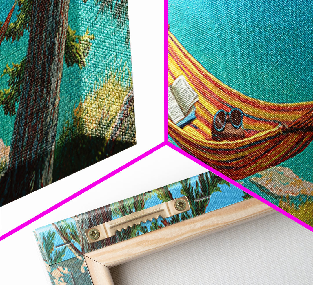 Lakeside Hammock Between Pine Trees Canvas Print, Relaxing Cabin Wall Art, Lake House Decor, Rustic Nature Gift For Living Room Wall Decor