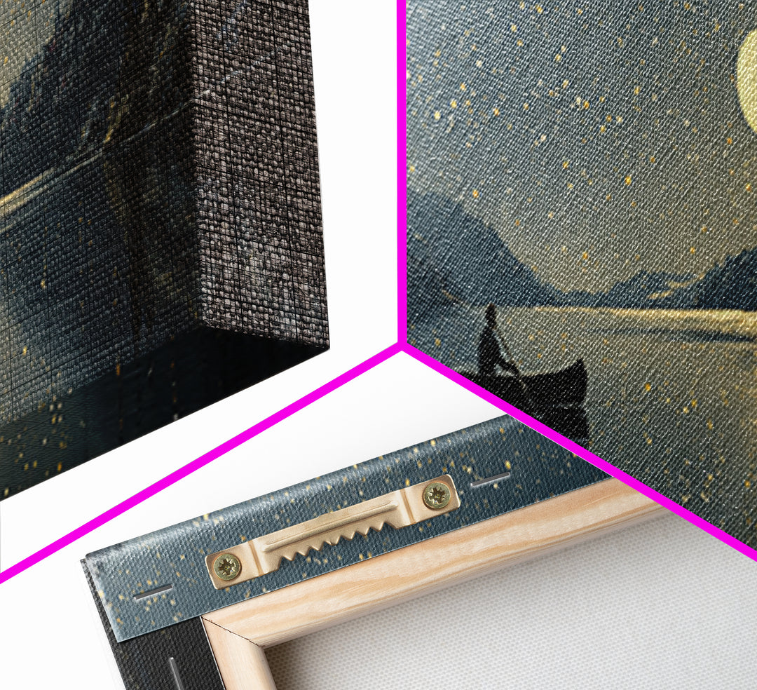 Moonlit Canoe On Snowy Lake Wall Art, Starry Night Landscape Canvas Print, Rustic Cabin Decor For Peaceful Home Living Room Wall Decor