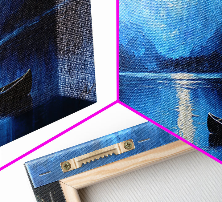 Moonlit Blue Lake Canoe Canvas Print, Moody Landscape Wall Art, Mountain Lake Decor, Cabin Wall Decor, Peaceful Nature Art