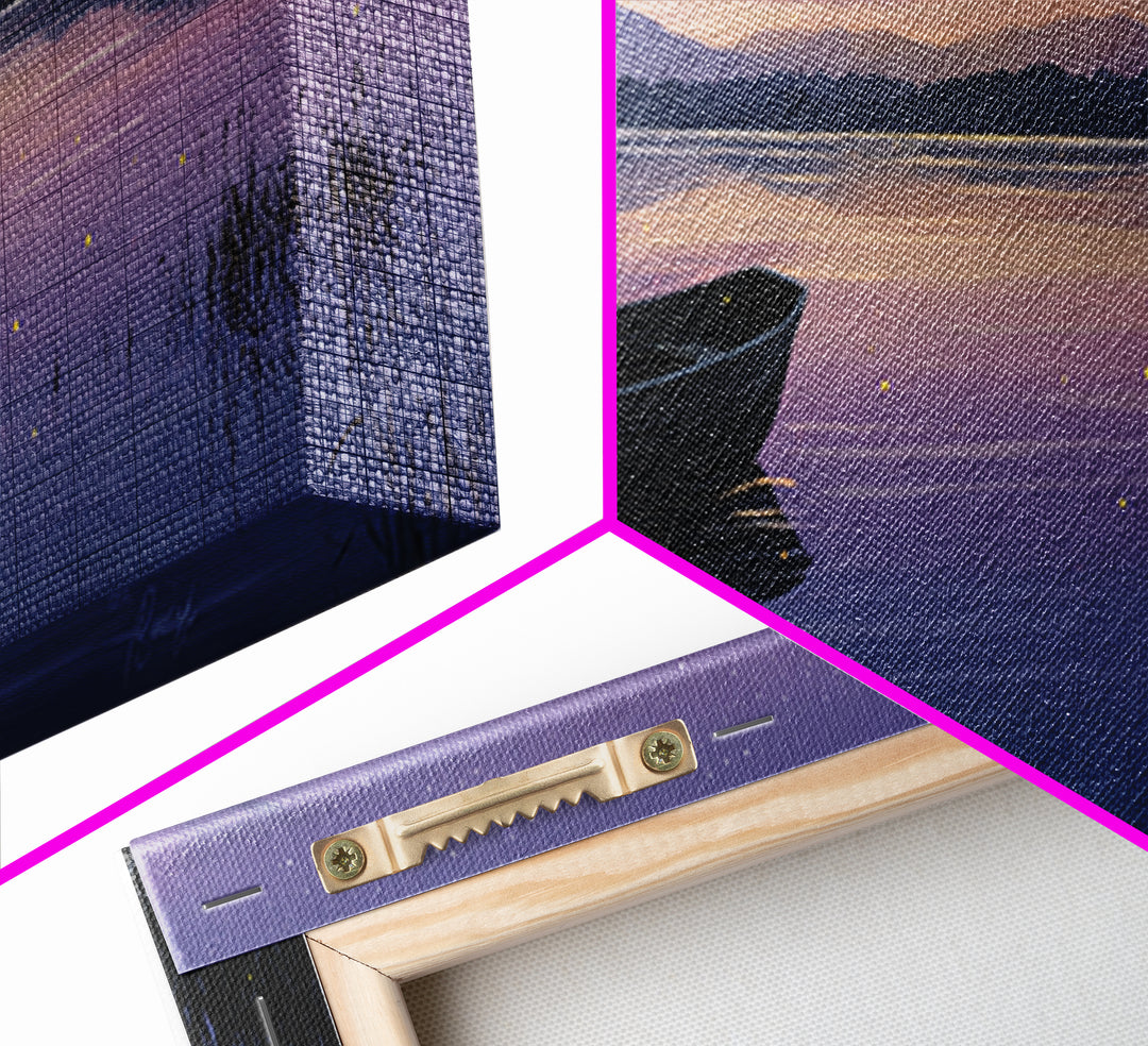 Twilight Lake Boat Framed Canvas Print, Starry Purple Mountain Landscape, Peaceful Cabin Wall Art For Cozy Bedroom Decor