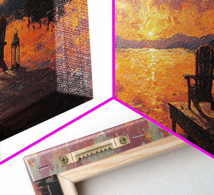 Sunset Lake Dock Chairs Wall Art, Panoramic Cabin Decor, Rustic Lake House Canvas Print, Above Bed Living Room Decor Gift
