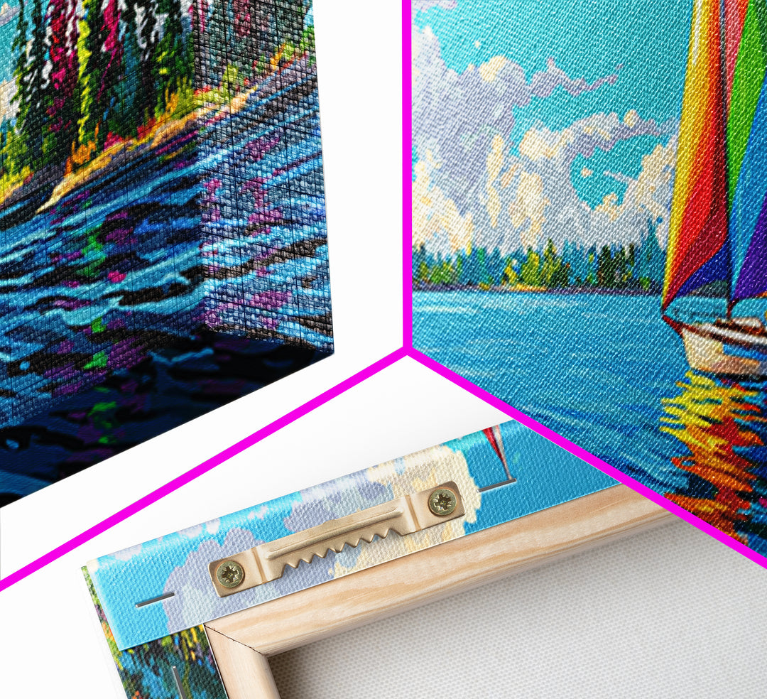 Rainbow Sailboat On Blue Lake Canvas Print, Colorful Wall Art, Coastal Decor, Nautical Poster, Lake House Living Room Art