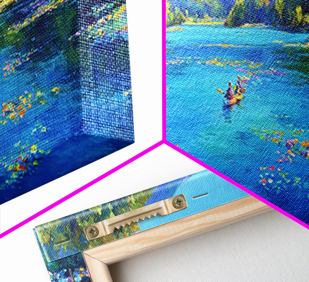 Kayakers On Blue Mountain River Wall Art, Panoramic Landscape Canvas Print, Nature Wall Decor, Living Room Art, Large Horizontal Home Decor