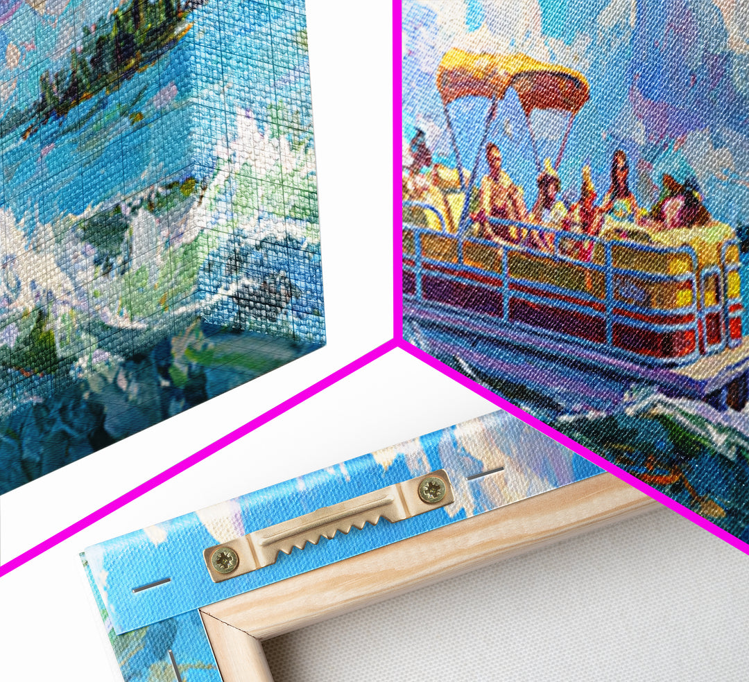 Colorful Pontoon Boat Lake Canvas Print, Coastal Wall Art, Summer Beach Decor, Nautical Landscape, Large Living Room Art