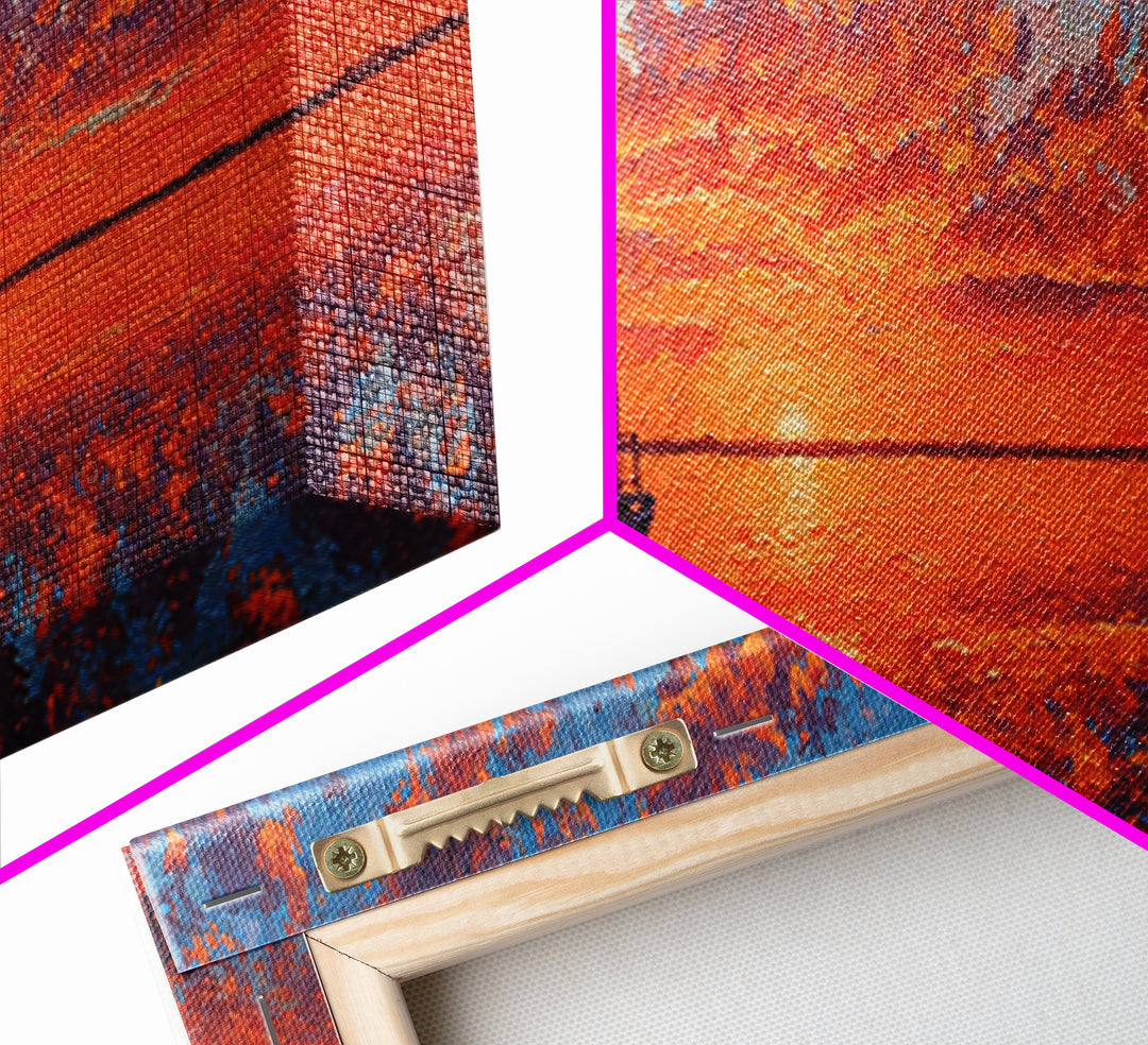 Pontoon Boat On Fiery Sunset Lake Wall Art, Orange Seascape Canvas Print, Nature Decor, Large Landscape Art, Gift For Her