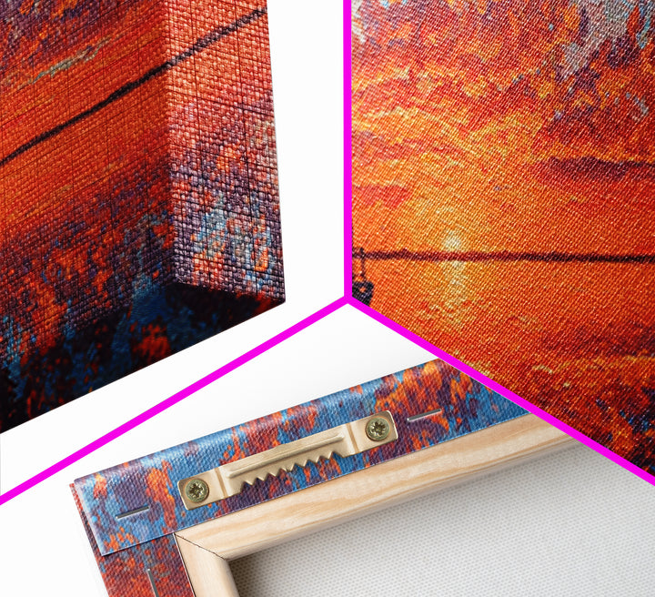 Pontoon Boat On Fiery Sunset Lake Wall Art, Orange Seascape Canvas Print, Nature Decor, Large Landscape Art, Gift For Her