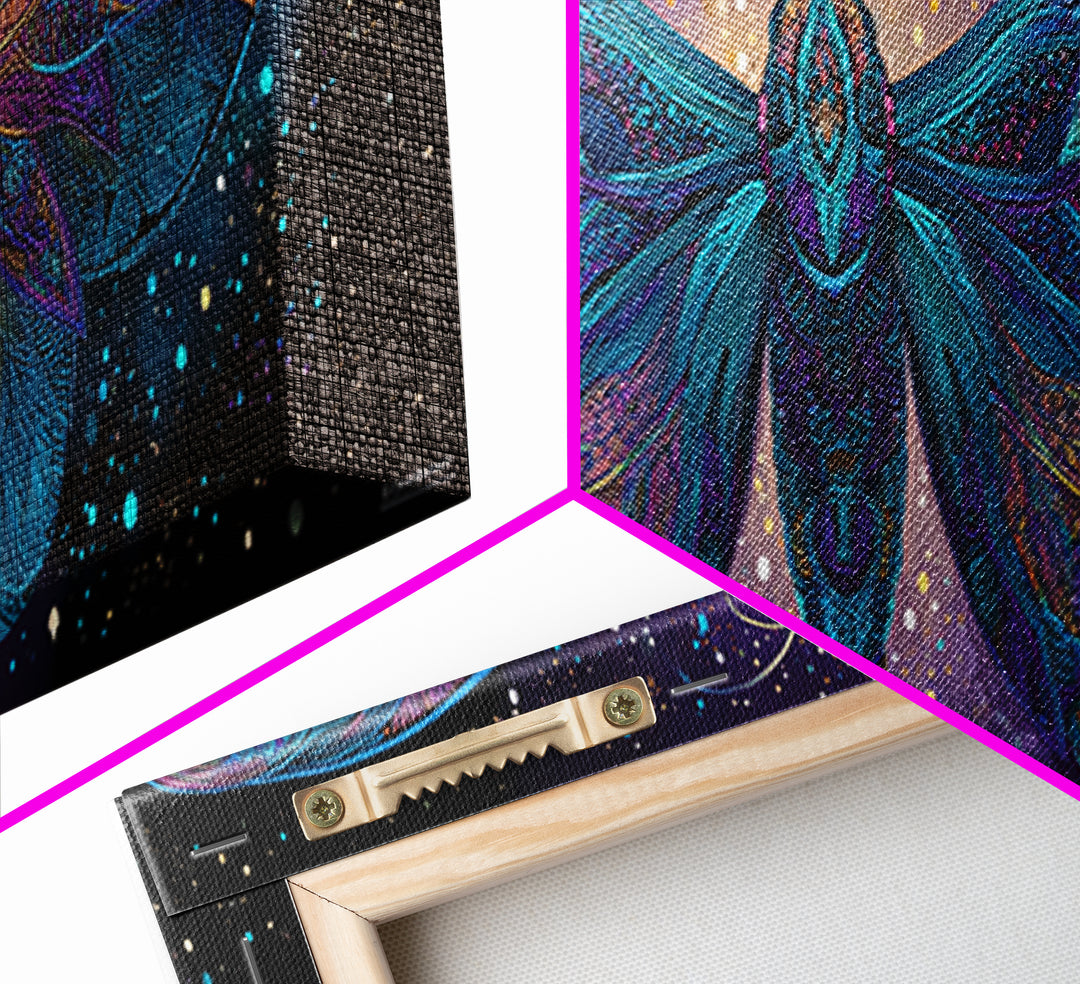 Celestial Moth Wall Art, Intricate Mandala Wings Canvas Print, Mystical Boho Decor, Large Psychedelic Cosmic Statement Art