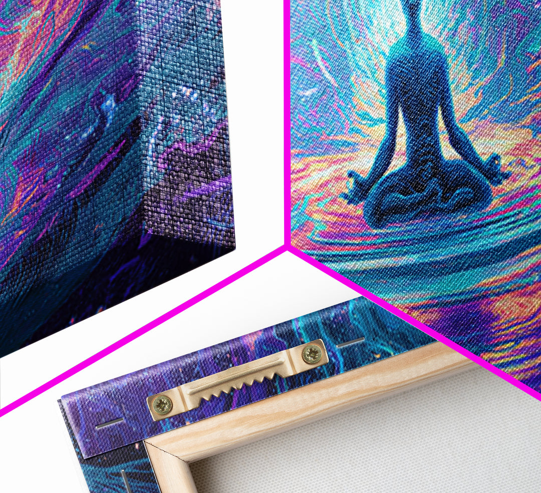 Meditating Figure Cosmic Water Wall Art, Spiritual Celestial Canvas Print, Psychedelic Zen Decor For Yoga Studio Or Meditation Room
