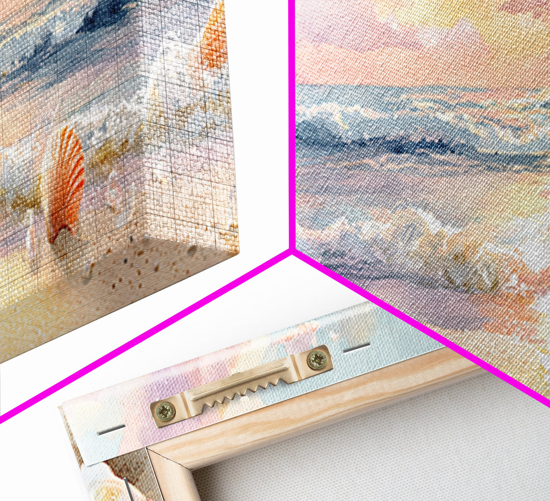 Pastel Seashell Beach Canvas Print, Soft Ocean Wave Shore Painting, Coastal Wall Art, Beach House Bathroom Home Decor Gift
