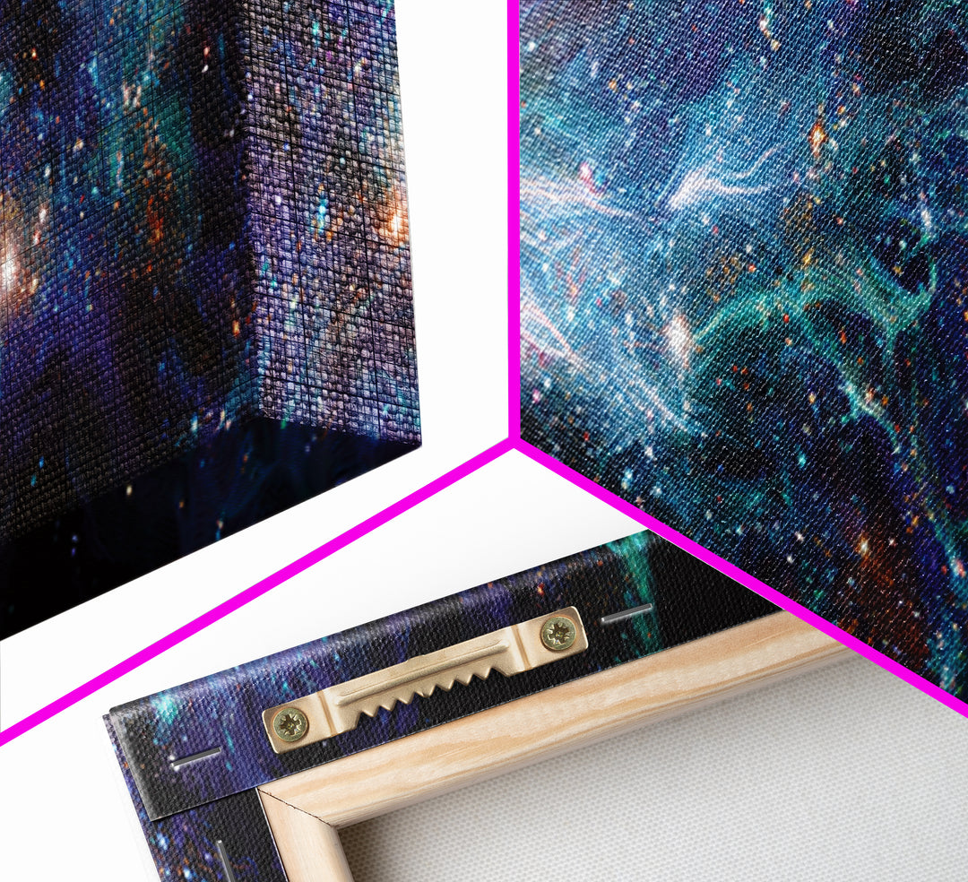 Cosmic Goddess Figure Drifting Through Stars Framed Canvas Print, Celestial Wall Art For Meditation Room Decor And Spiritual Gift