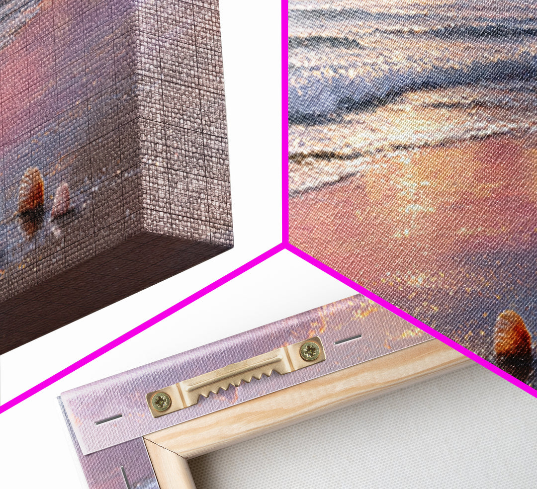 Sunset Ocean Shells Framed Canvas Print, Shimmering Beach Seascape, Coastal Wall Art For Bedroom And Beach House Decor Gift