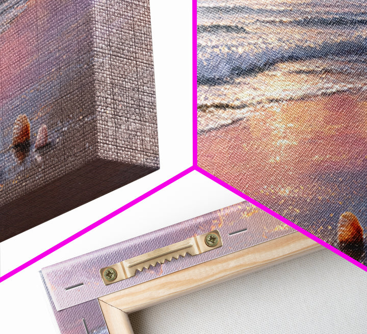 Sunset Ocean Shells Framed Canvas Print, Shimmering Beach Seascape, Coastal Wall Art For Bedroom And Beach House Decor Gift