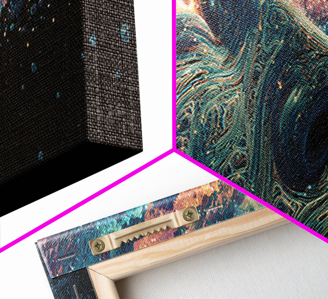Cosmic Wolf Portrait With Galaxy Eye Wall Art, Large Panoramic Psychedelic Animal Canvas, Space Decor, Celestial Gift For Him