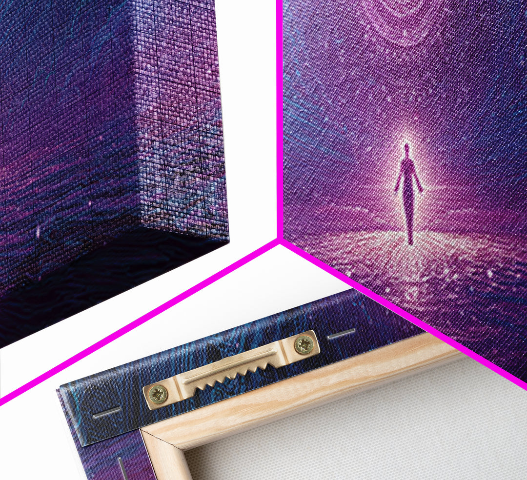 Cosmic Figure Before Celestial Portal Wall Art, Surreal Space Canvas Print, Mystical Purple Meditation Room Decor Gift For Her