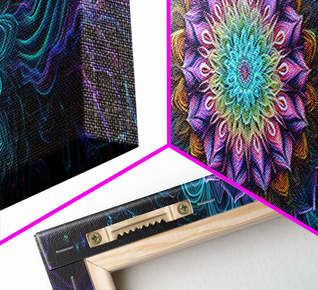 Teal Purple Fractal Mandala Flower Framed Canvas Print, Psychedelic Spiritual Wall Art For Yoga Studio And Meditation Decor