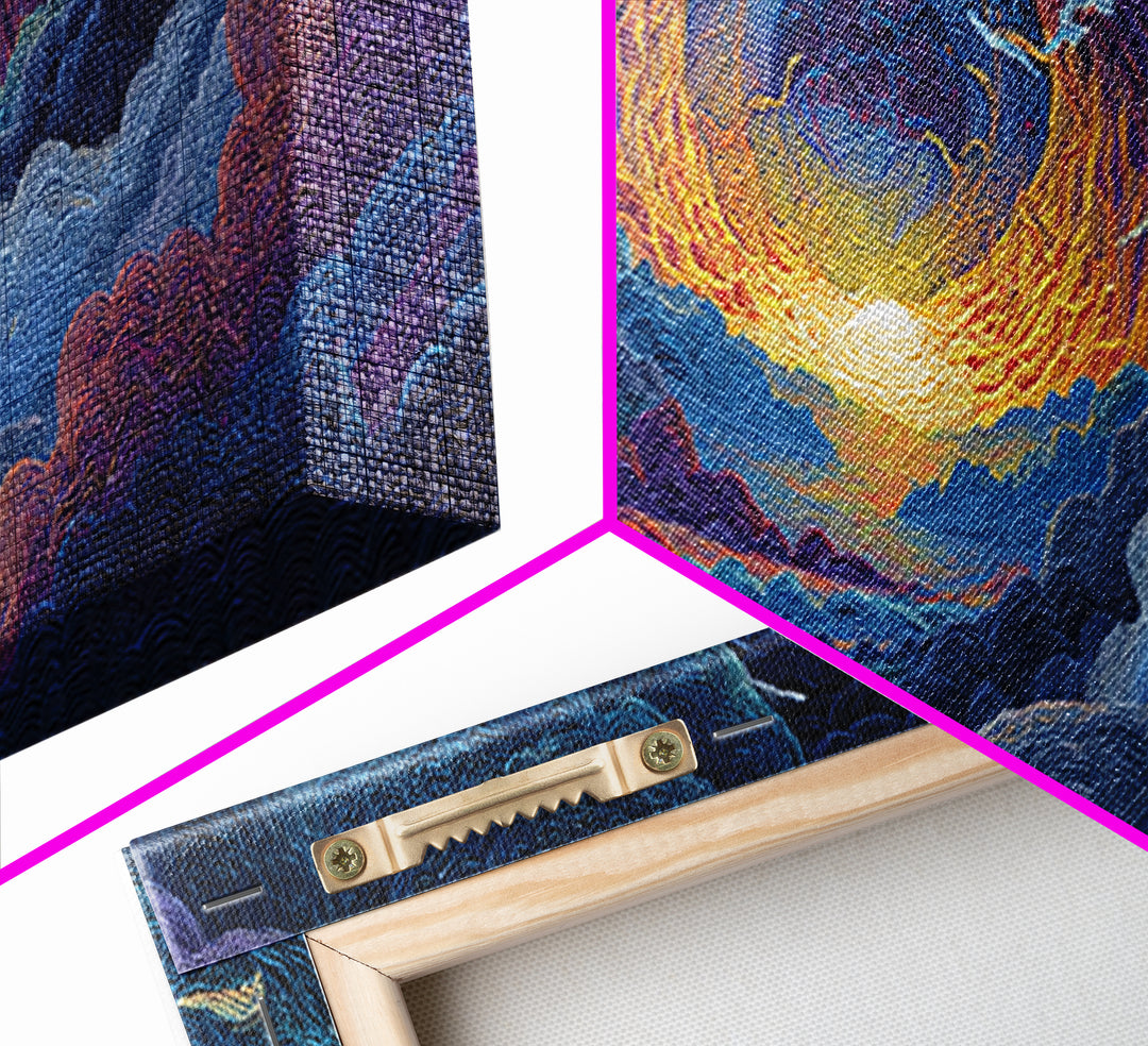 Textured Celestial Eye Sunset Wall Art, Cosmic Abstract Landscape Canvas, Colorful Spiritual Decor, Large Statement Art Print