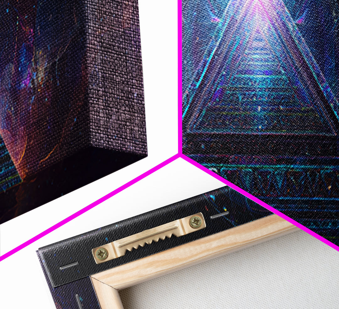 Glowing Sacred Geometry Pyramid Framed Canvas Print, Cosmic Spiritual Wall Art For Meditation Room And Modern Office Decor