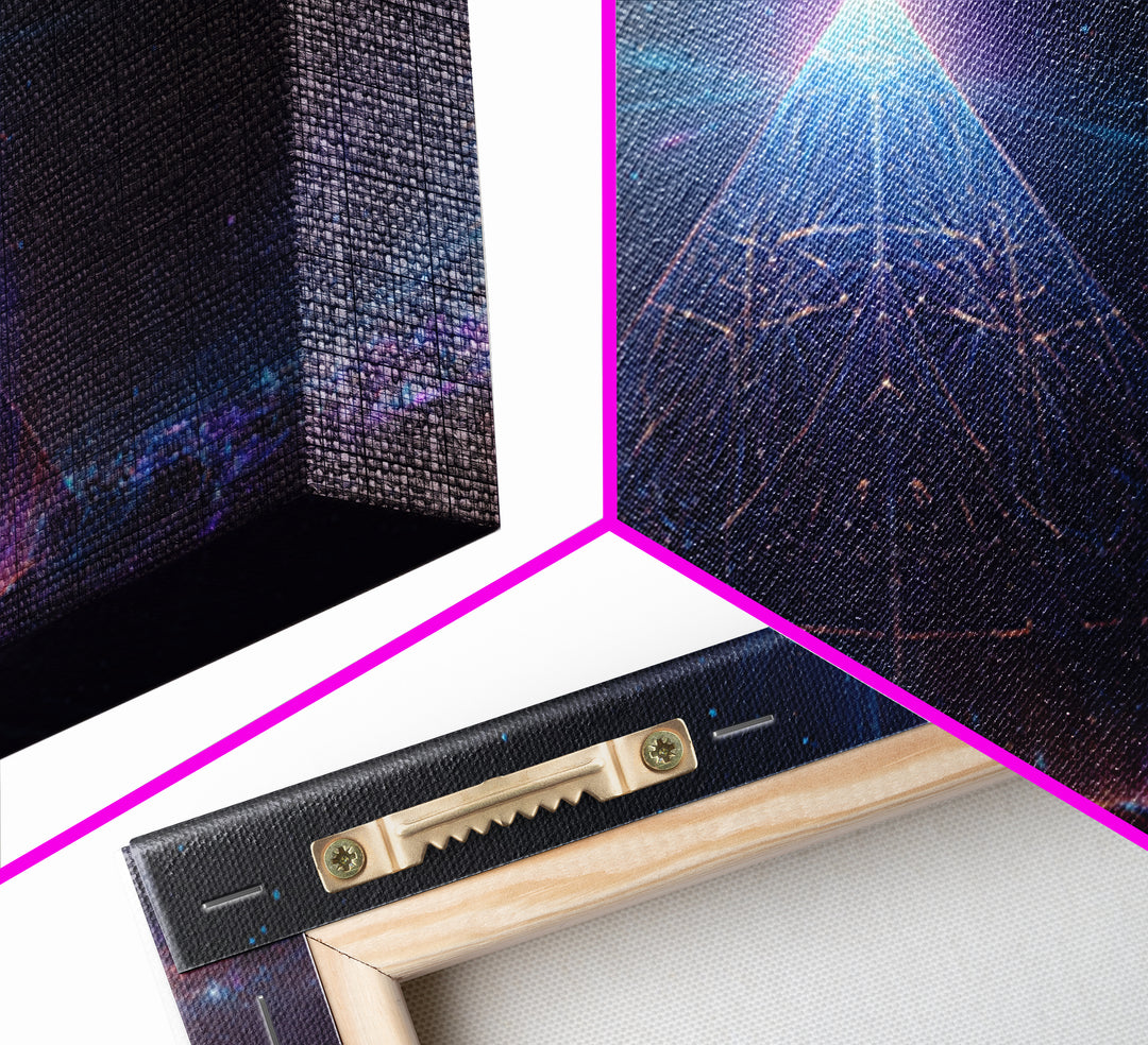 Glowing Cosmic Pyramid Wall Art, Futuristic Celestial Space Print, Mystical Sacred Geometry Decor, Framed Canvas Print For Office Decor